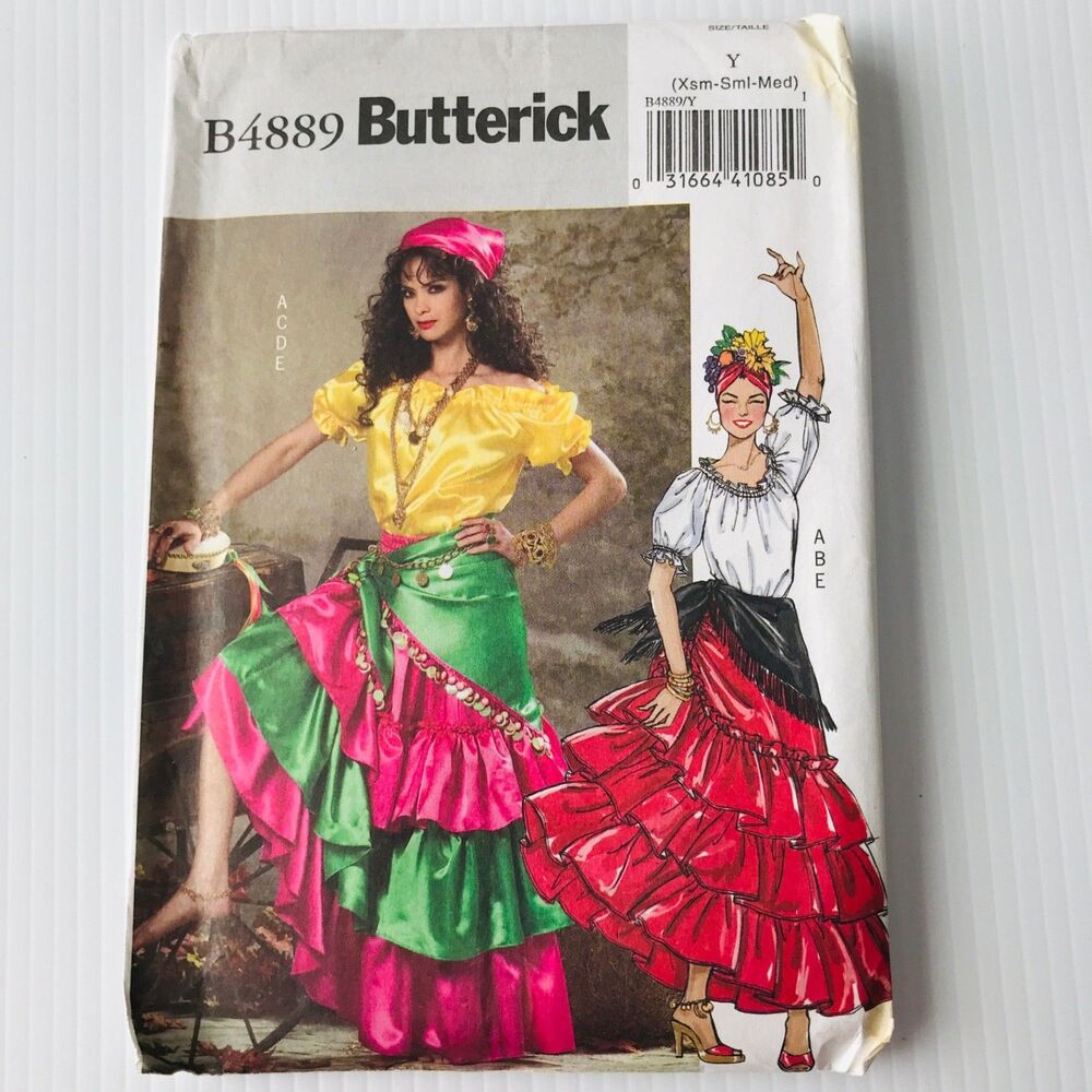 Butterick Costume Sew Pattern B4889 Gypsy Senorita Top Ruffle Skirt Scarf XS-M